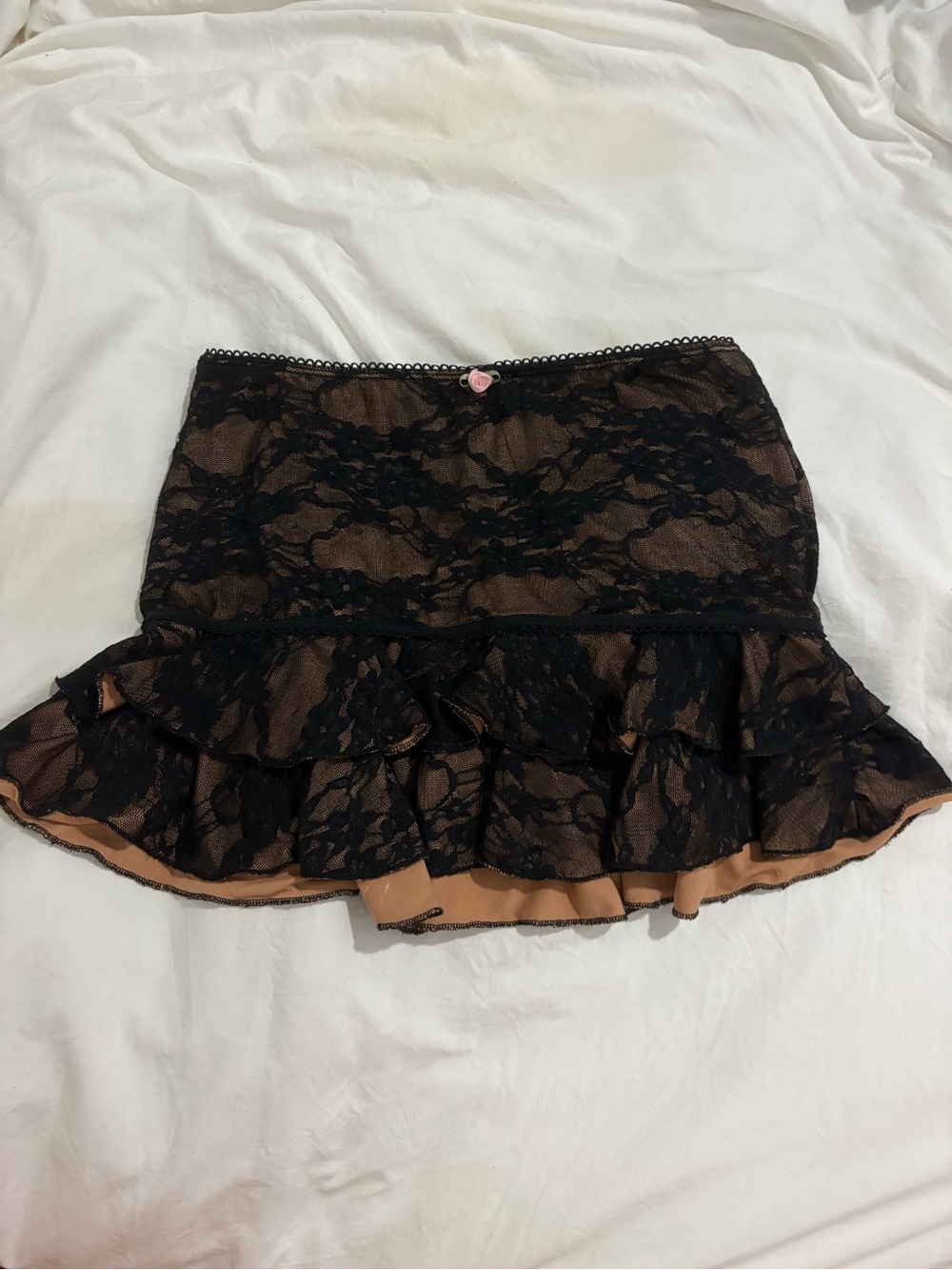 Forever 21 Black Lace Overlay Mini Skirt with Tan Underlay